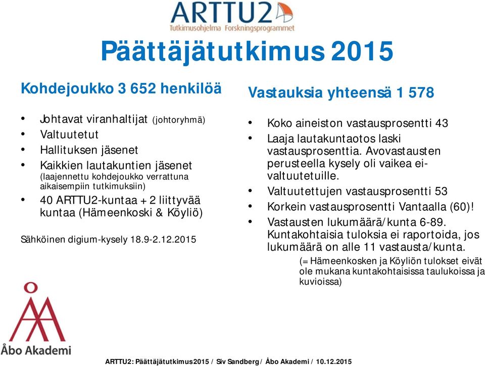 2015 Vastauksia yhteensä 1 578 Koko aineiston vastausprosentti 43 Laaja lautakuntaotos laski vastausprosenttia. Avovastausten perusteella kysely oli vaikea eivaltuutetuille.