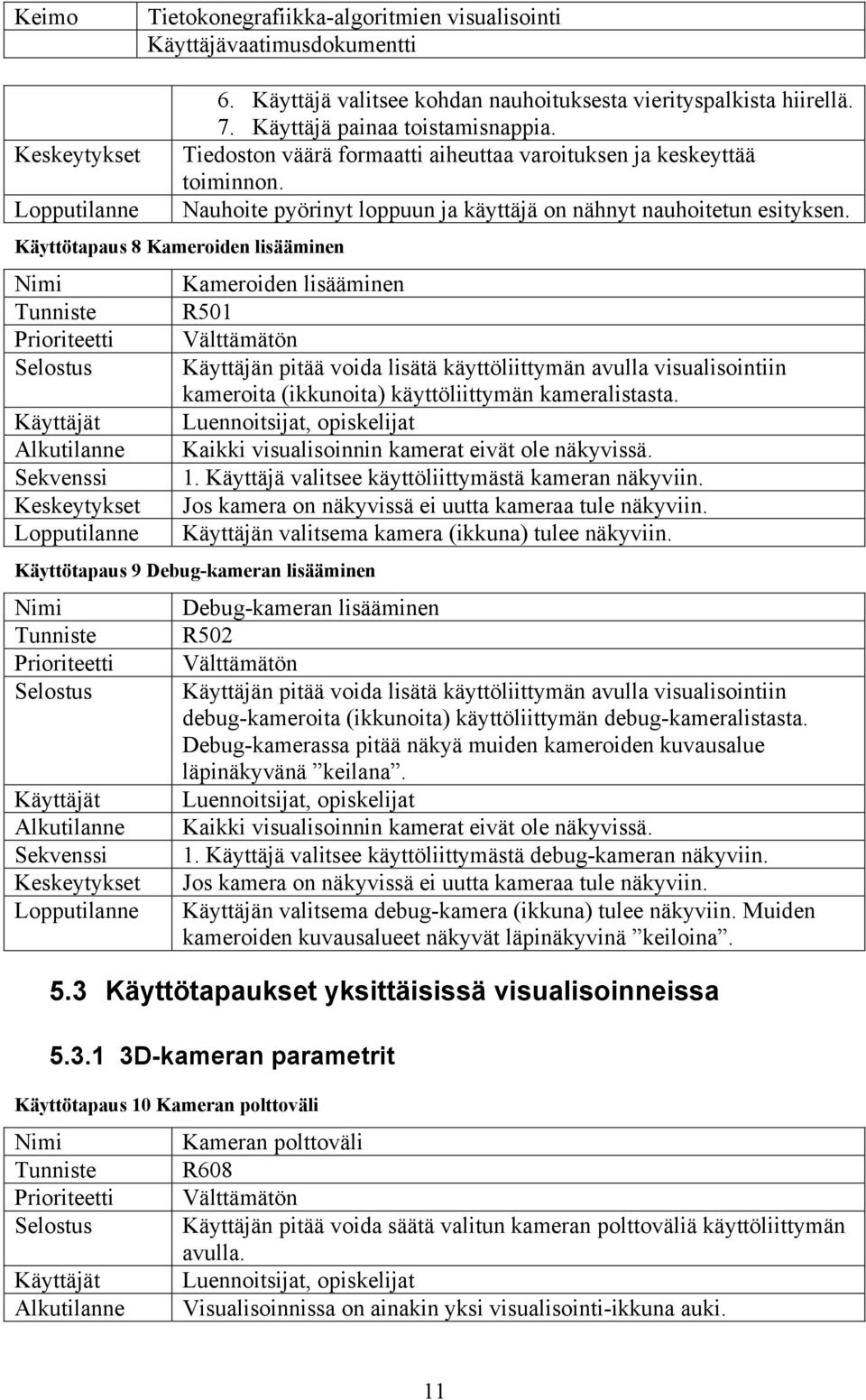 Käyttötapaus 8 Kameroiden lisääminen Keskeytykset Lopputilanne Kameroiden lisääminen R501 Käyttäjän pitää voida lisätä käyttöliittymän avulla visualisointiin kameroita (ikkunoita) käyttöliittymän