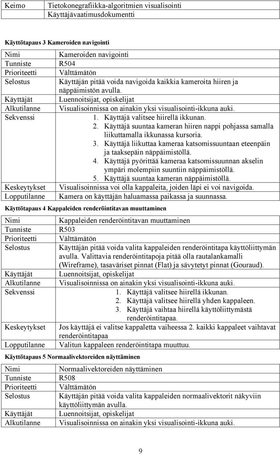 Käyttäjä liikuttaa kameraa katsomissuuntaan eteenpäin ja taaksepäin näppäimistöllä. 4. Käyttäjä pyörittää kameraa katsomissuunnan akselin ympäri molempiin suuntiin näppäimistöllä. 5.