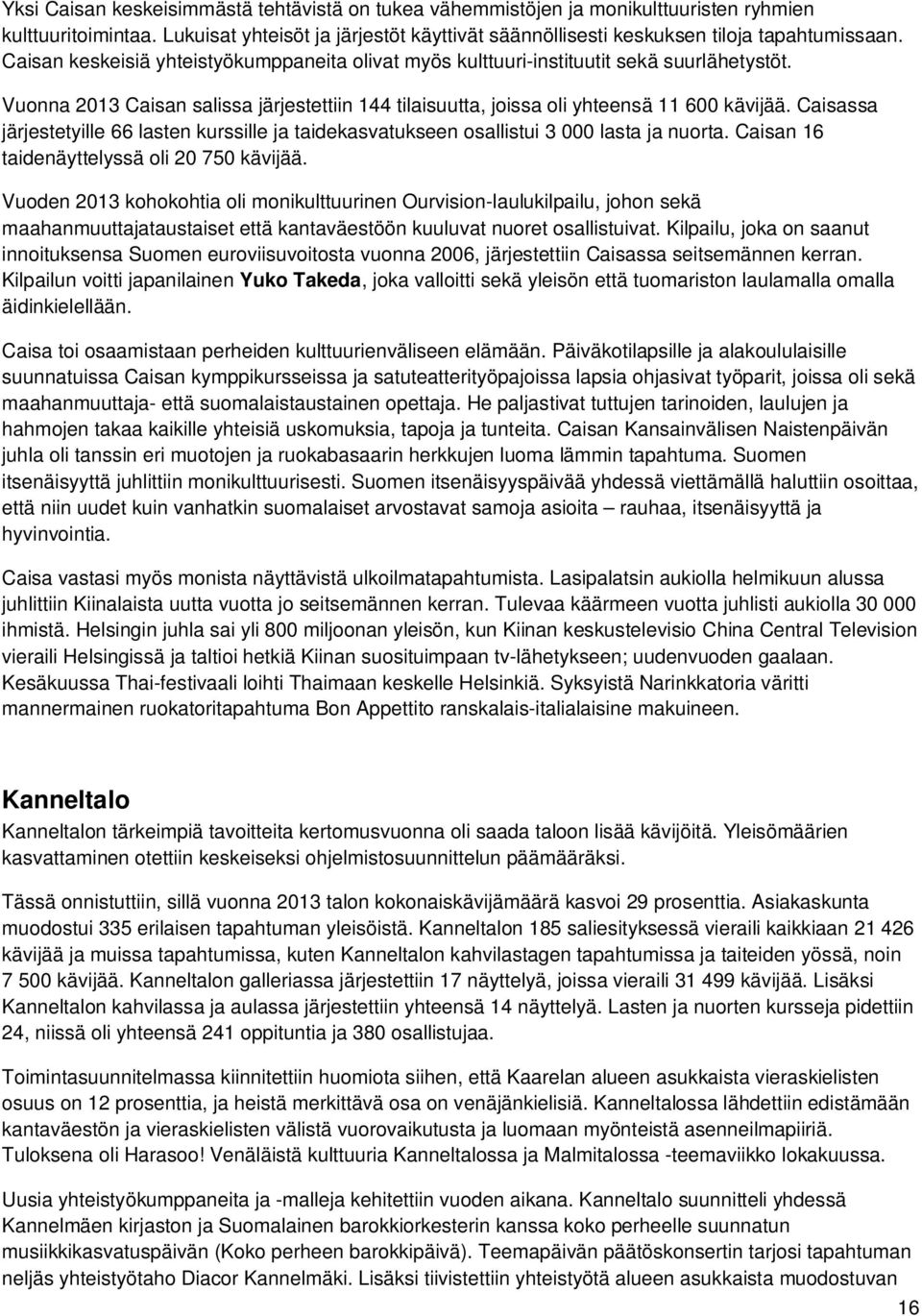 Caisassa järjestetyille 66 lasten kurssille ja taidekasvatukseen osallistui 3 000 lasta ja nuorta. Caisan 16 taidenäyttelyssä oli 20 750 kävijää.