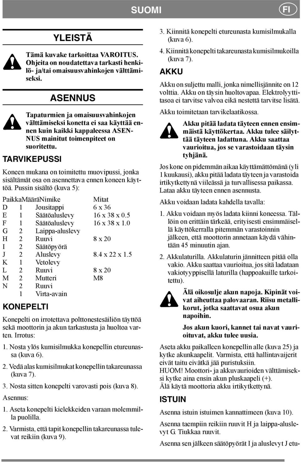 TARVIKEPUSSI Koneen mukana on toimitettu muovipussi, jonka sisältämät osa on asennettava ennen koneen käyttöä.