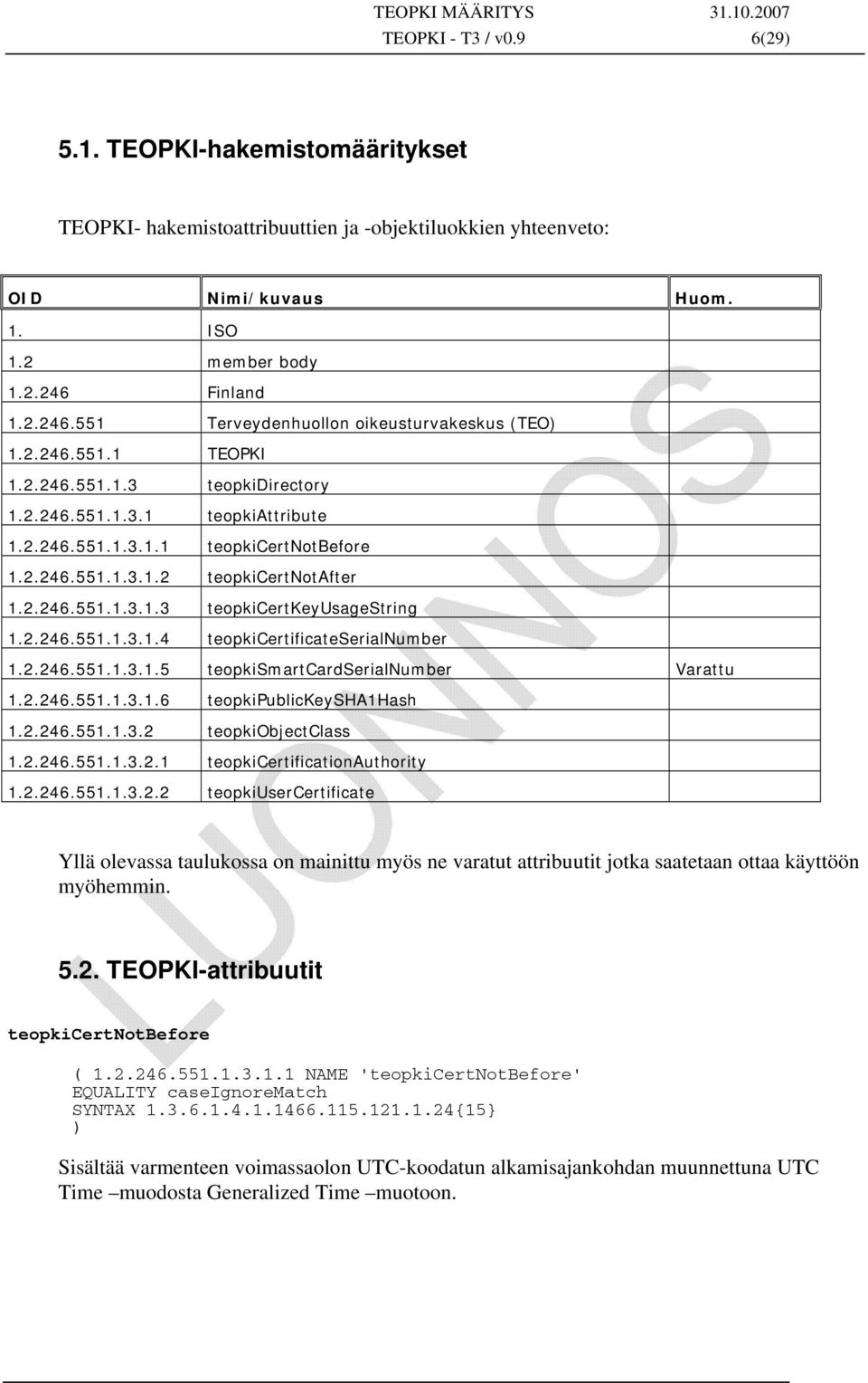 2.246.551.1.3.1.3 teopkicertkeyusagestring 1.2.246.551.1.3.1.4 teopkicertificateserialnumber 1.2.246.551.1.3.1.5 teopkismartcardserialnumber Varattu 1.2.246.551.1.3.1.6 teopkipublickeysha1hash 1.2.246.551.1.3.2 teopkiobjectclass 1.