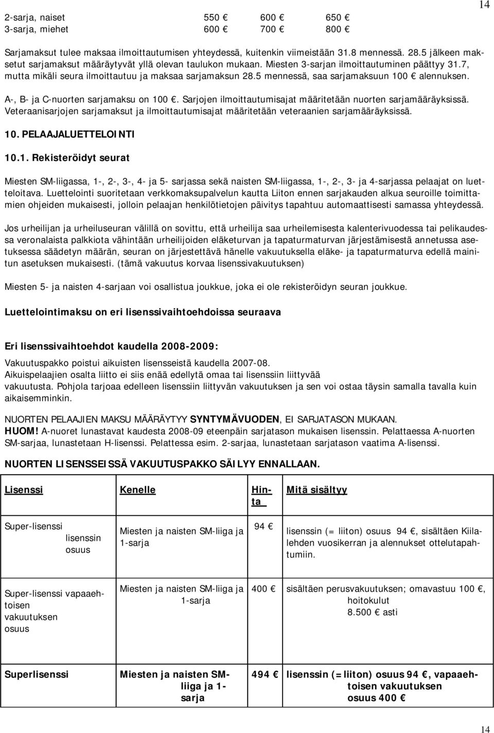 5 mennessä, saa sarjamaksuun 100 alennuksen. A-, B- ja C-nuorten sarjamaksu on 100. Sarjojen ilmoittautumisajat määritetään nuorten sarjamääräyksissä.