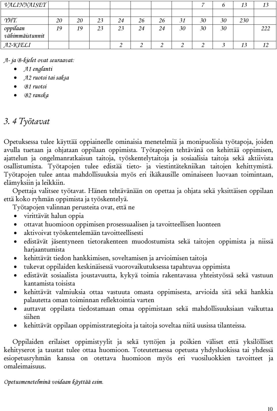 4 Työtavat Opetuksessa tulee käyttää oppiaineelle ominaisia menetelmiä ja monipuolisia työtapoja, joiden avulla tuetaan ja ohjataan oppilaan oppimista.