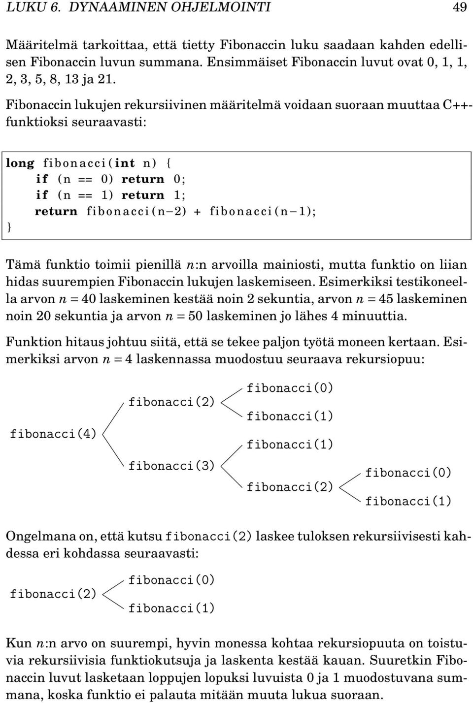 fibonacci (n 1); Tämä funktio toimii pienillä n:n arvoilla mainiosti, mutta funktio on liian hidas suurempien Fibonaccin lukujen laskemiseen.