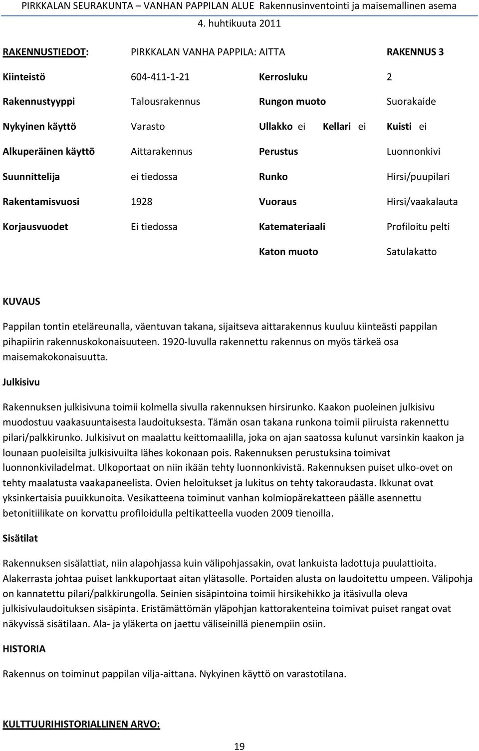 Profiloitu pelti Katon muoto Satulakatto Kellari ei KUVAUS Pappilan tontin eteläreunalla, väentuvan takana, sijaitseva aittarakennus kuuluu kiinteästi pappilan pihapiirin rakennuskokonaisuuteen.