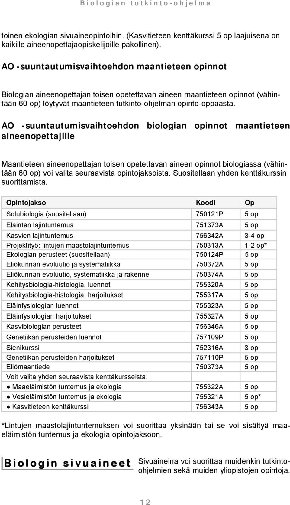 AO -suuntautumisvaihtoehdon biologian opinnot maantieteen aineenopettajille Maantieteen aineenopettajan toisen opetettavan aineen opinnot biologiassa (vähintään 60 op) voi valita seuraavista