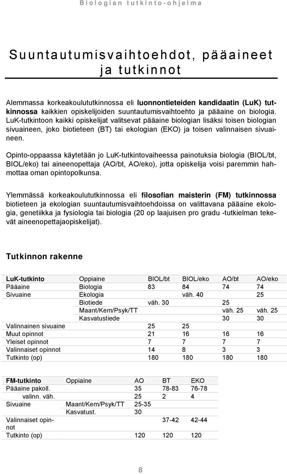 Opinto-oppaassa käytetään jo LuK-tutkintovaiheessa painotuksia biologia (BIOL/bt, BIOL/eko) tai aineenopettaja (AO/bt, AO/eko), jotta opiskelija voisi paremmin hahmottaa oman opintopolkunsa.