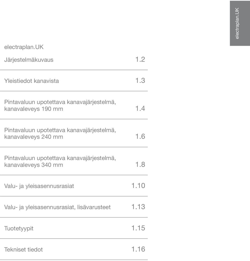 4 Pintavaluun upotettava kanavajärjestelmä, kanavaleveys 240 mm 1.