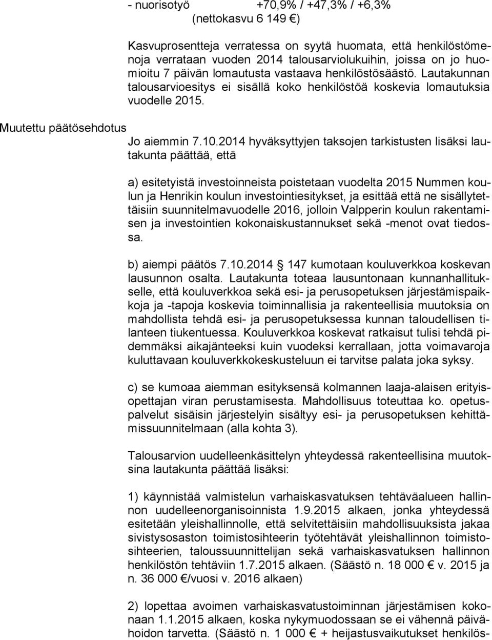 2014 hyväksyttyjen tak so jen tarkistusten lisäksi lauta kun ta päättää, että a) esitetyistä investoinneista poistetaan vuodelta 2015 Nummen koulun ja Henrikin koulun investointiesitykset, ja esittää