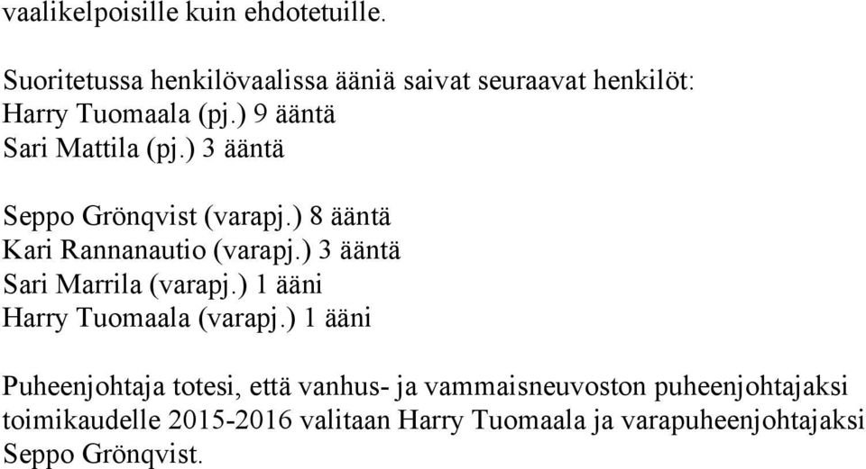 ) 3 ääntä Seppo Grönqvist (varapj.) 8 ääntä Kari Rannanautio (varapj.) 3 ääntä Sari Marrila (varapj.