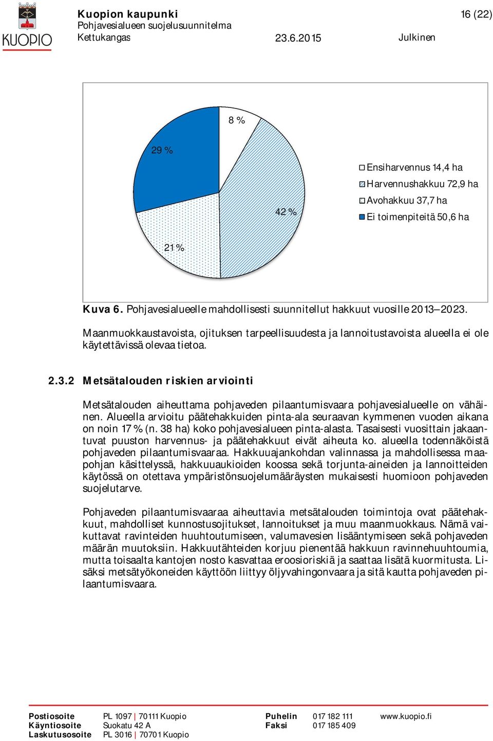 Alueella arvioitu päätehakkuiden pinta-ala seuraavan kymmenen vuoden aikana on noin 17 % (n. 38 ha) koko pohjavesialueen pinta-alasta.