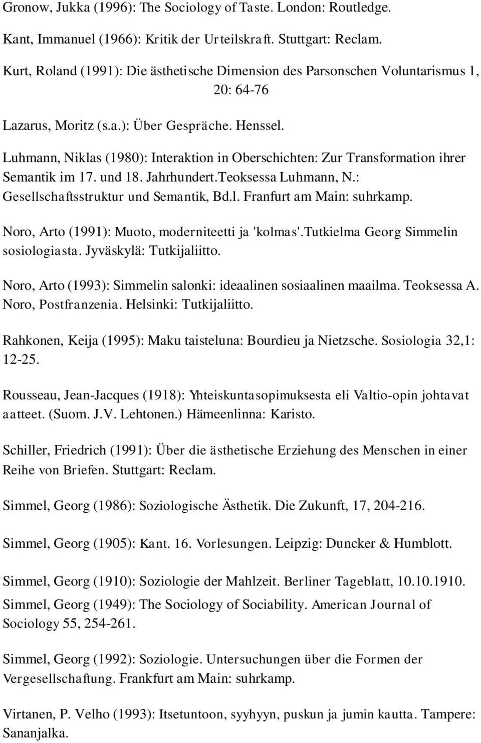 Luhmann, Niklas (1980): Interaktion in Oberschichten: Zur Transformation ihrer Semantik im 17. und 18. Jahrhundert.Teoksessa Luhmann, N.: Gesellschaftsstruktur und Semantik, Bd.l. Franfurt am Main: suhrkamp.