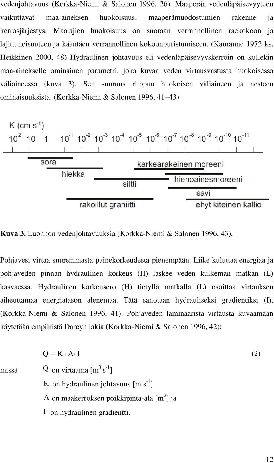 Heikkinen 2000, 48) Hydraulinen johtavuus eli vedenläpäisevyyskerroin on kullekin maa-ainekselle ominainen parametri, joka kuvaa veden virtausvastusta huokoisessa väliaineessa (kuva 3).