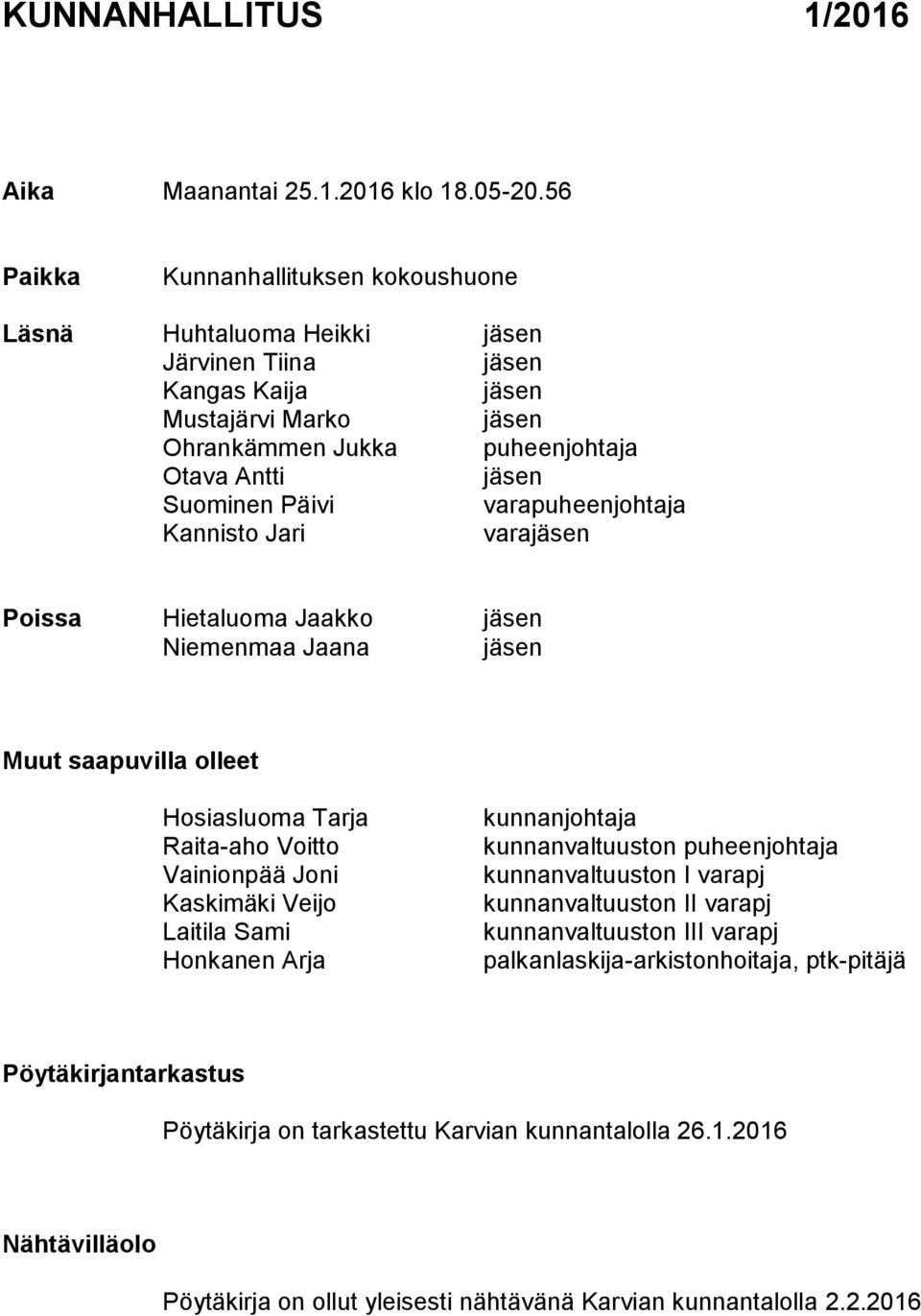 varapuheenjohtaja Kannisto Jari varajäsen Poissa Hietaluoma Jaakko jäsen Niemenmaa Jaana jäsen Muut saapuvilla olleet Hosiasluoma Tarja Raita-aho Voitto Vainionpää Joni Kaskimäki Veijo Laitila Sami