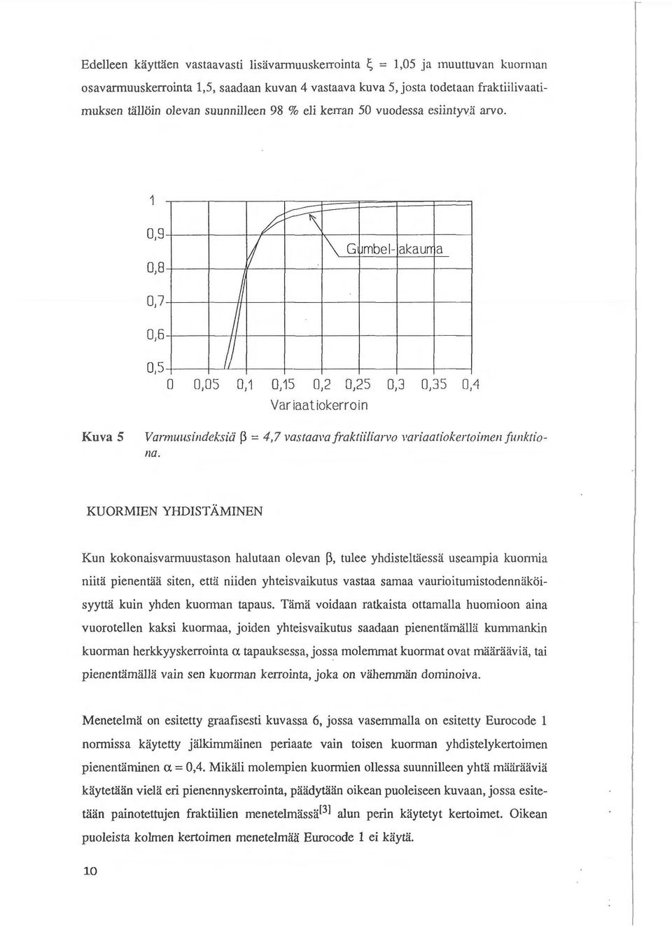 0,7 # v / ~ \ G ~mbel- akaurr a 0,5 /; 0 0,05 0,1 0,15 0, 2 0,25 0,3 0,35 0,4 Variaatiokerroin Kuva 5 Varmuusindeksiii p = 4,7 vastam a fraktiiliarvo variaatiokertoimen funktiona.