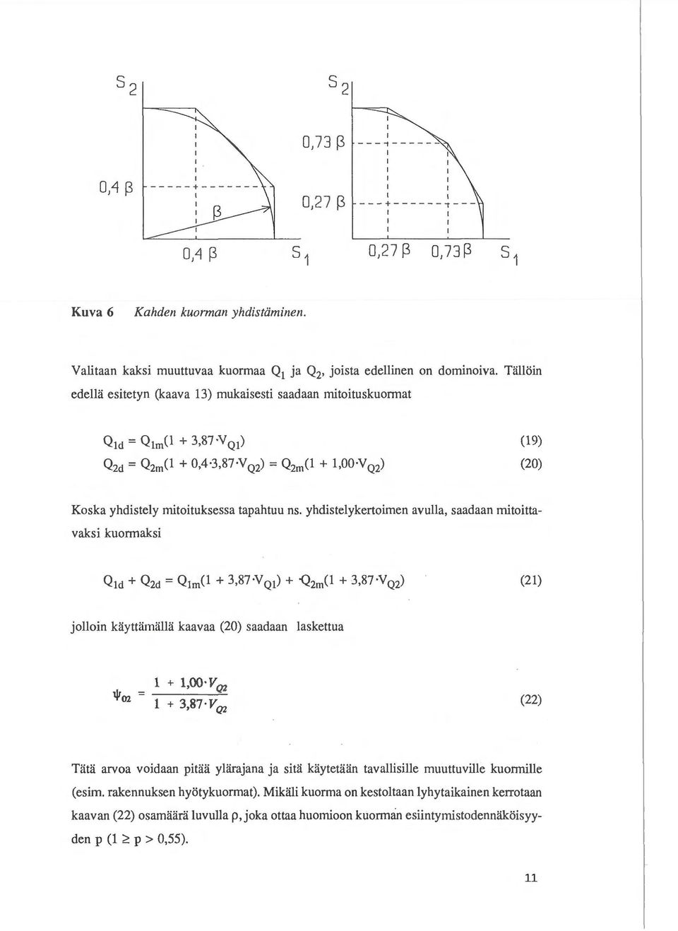 ns. yhdistelykertoimen avulla, saadaan mitoittavaksi kuonnaksi (21) jolloin kayttiimalla kaavaa (20) saadaan laskettua 1 + l,oo VQ2 1 + 3,87 V Q2 (22) Tata arvoa voidaan pitaa yliirajana ja sita