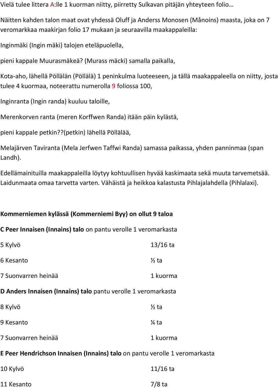 (Murass mäcki) samalla paikalla, Kota-aho, lähellä Pöllälän (Pöllälä) 1 peninkulma luoteeseen, ja tällä maakappaleella on niitty, josta tulee 4 kuormaa, noteerattu numerolla 9 foliossa 100,