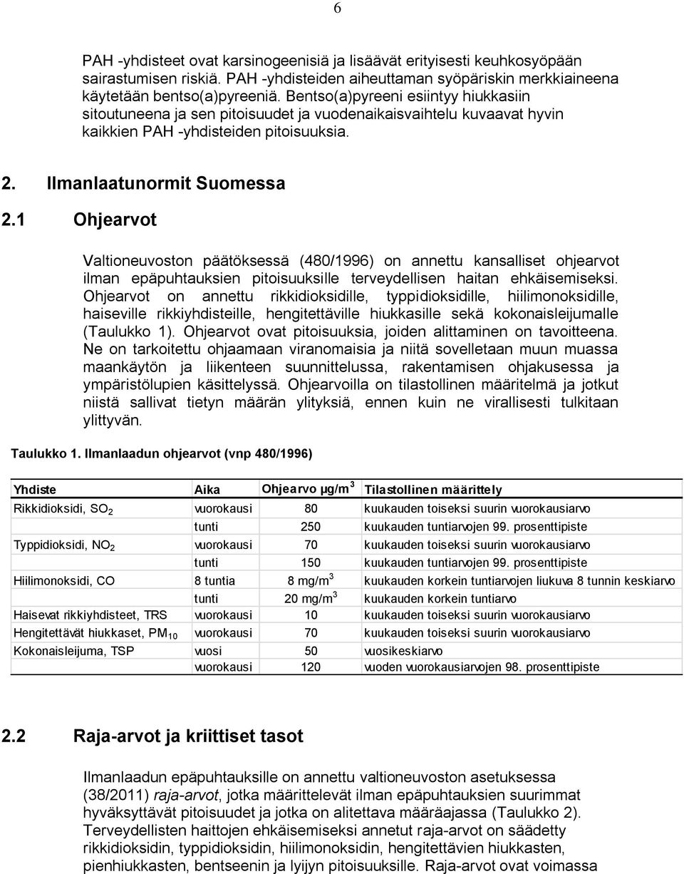 1 Ohjearvot Valtioneuvoston päätöksessä (480/1996) on annettu kansalliset ohjearvot ilman epäpuhtauksien pitoisuuksille terveydellisen haitan ehkäisemiseksi.