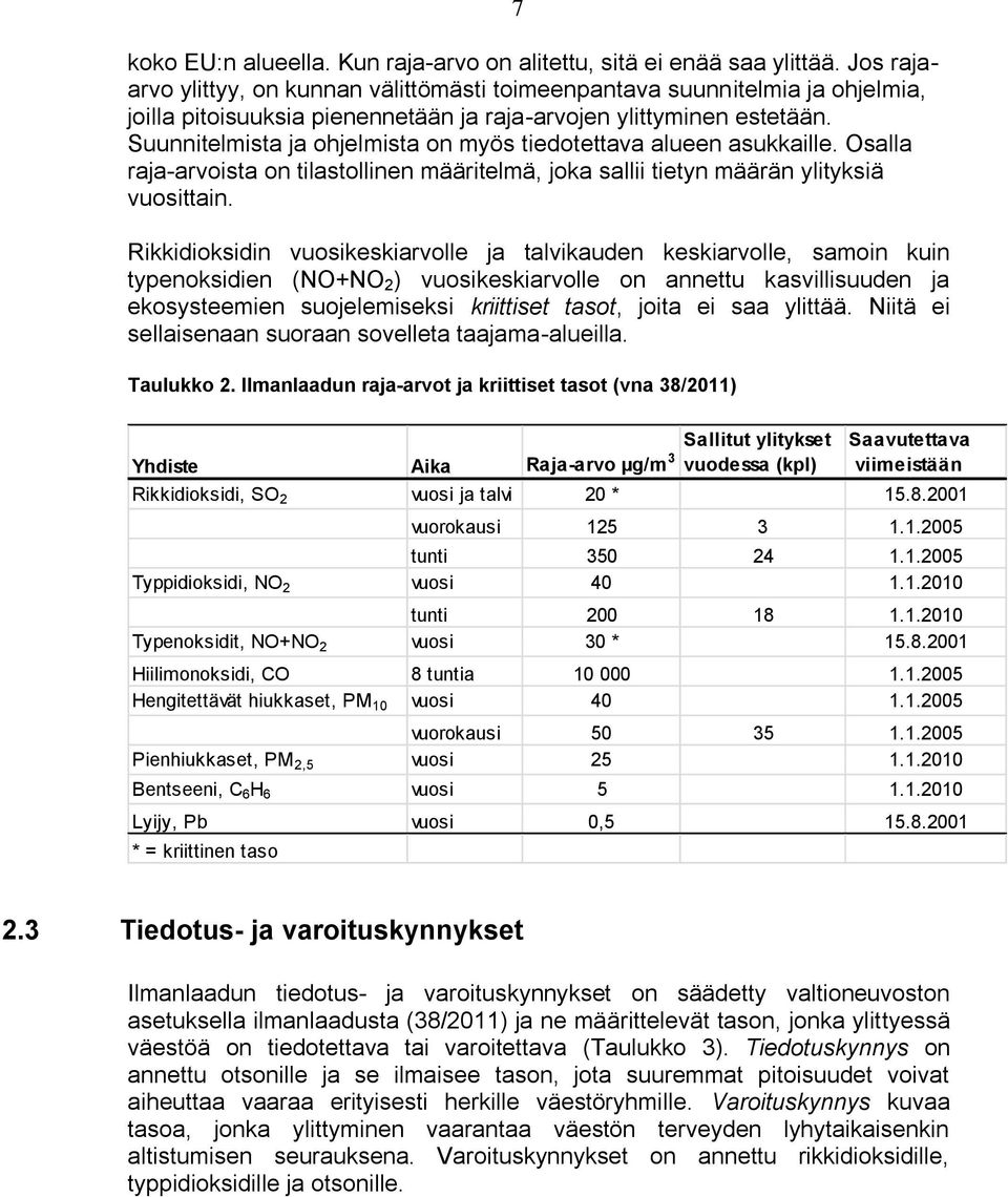 Suunnitelmista ja ohjelmista on myös tiedotettava alueen asukkaille. Osalla raja-arvoista on tilastollinen määritelmä, joka sallii tietyn määrän ylityksiä vuosittain.