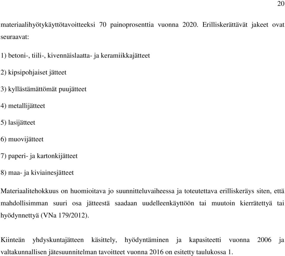 lasijätteet 6) muovijätteet 7) paperi- ja kartonkijätteet 8) maa- ja kiviainesjätteet Materiaalitehokkuus on huomioitava jo suunnitteluvaiheessa ja toteutettava erilliskeräys