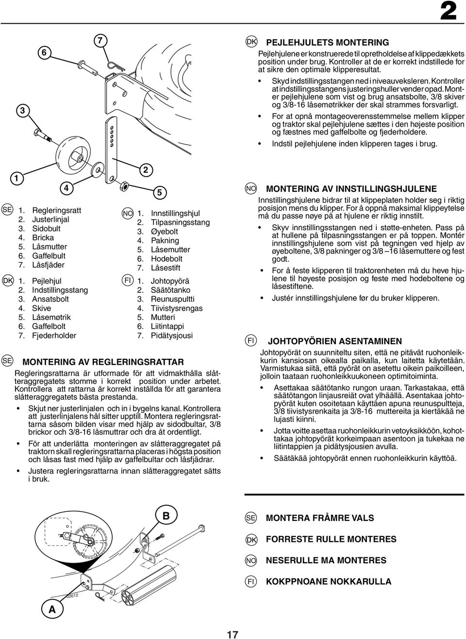 Monter pejlehjulene som vist og brug ansatsbolte, 3/8 skiver og 3/8-16 låsemøtrikker der skal strammes forsvarligt.