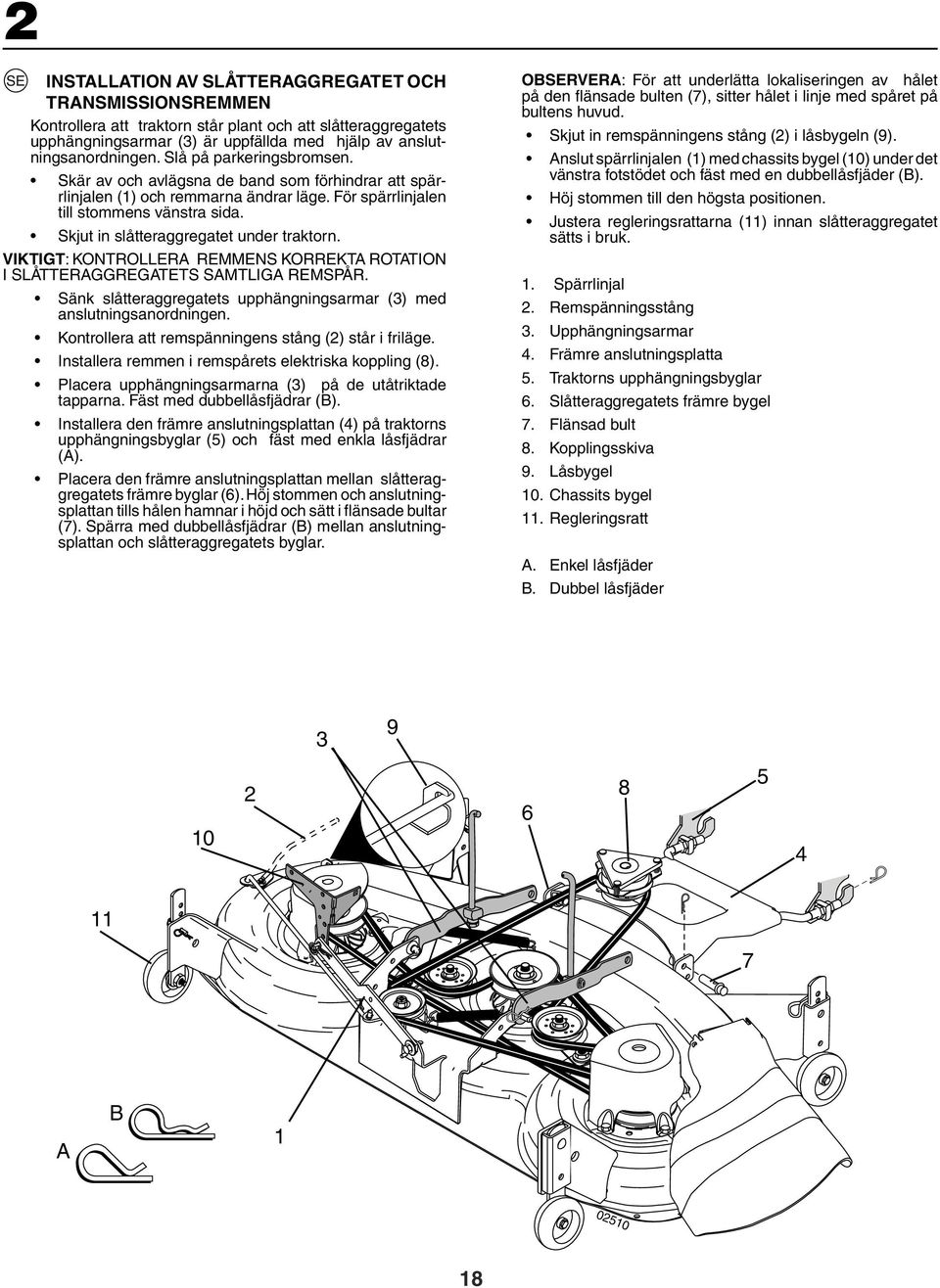 Skjut in slåtteraggregatet under traktorn. VIKTIGT: KONTROLLERA REMMENS KORREKTA ROTATION I SLÅTTERAGGREGATETS SAMTLIGA REMSPÅR.