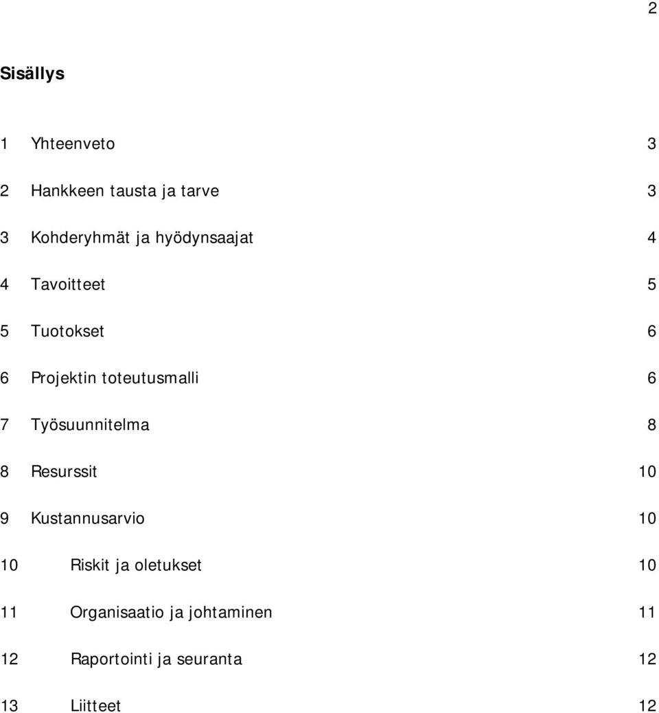 Työsuunnitelma 8 8 Resurssit 10 9 Kustannusarvio 10 10 Riskit ja oletukset