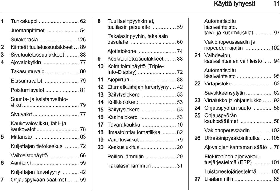 .. 66 6 Äänitorvi... 59 Kuljettajan turvatyyny... 42 7 Ohjauspylvään säätimet... 59 8 Tuulilasinpyyhkimet, tuulilasin pesulaite... 59 Takalasinpyyhin, takalasin pesulaite... 60 Ajotietokone.