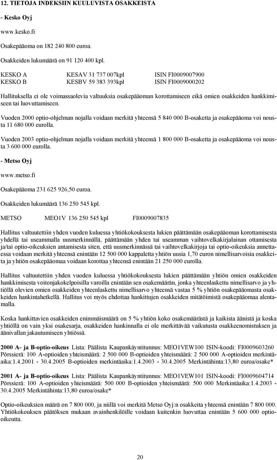 hankkimiseen tai luovuttamiseen. Vuoden 2000 optio-ohjelman nojalla voidaan merkitä yhteensä 5 840 000 B-osaketta ja osakepääoma voi nousta 11 680 000 eurolla.