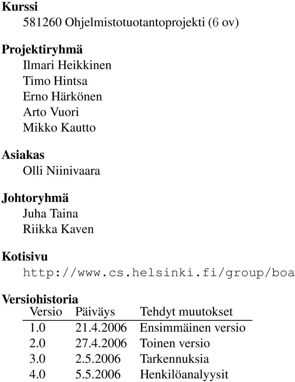 Kotisivu http://www.cs.helsinki.fi/group/boa Versiohistoria Versio Päiväys Tehdyt muutokset 1.0 21.