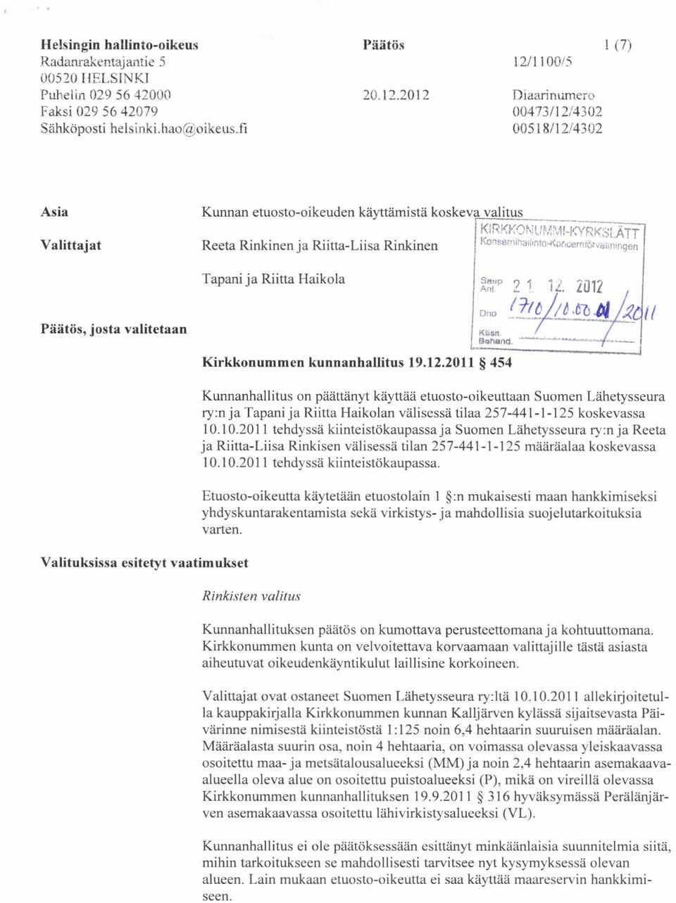 "1t.l,ivfii(lii ATT l\o:l!ei' rliit' iria..l(. L,r-r't!ar,iri,,r rlen Piiiitiis, josta valitetaan Valituksissa esitetyt vaatimukset Kirkkonummen kunnanhallitus 19.f2.