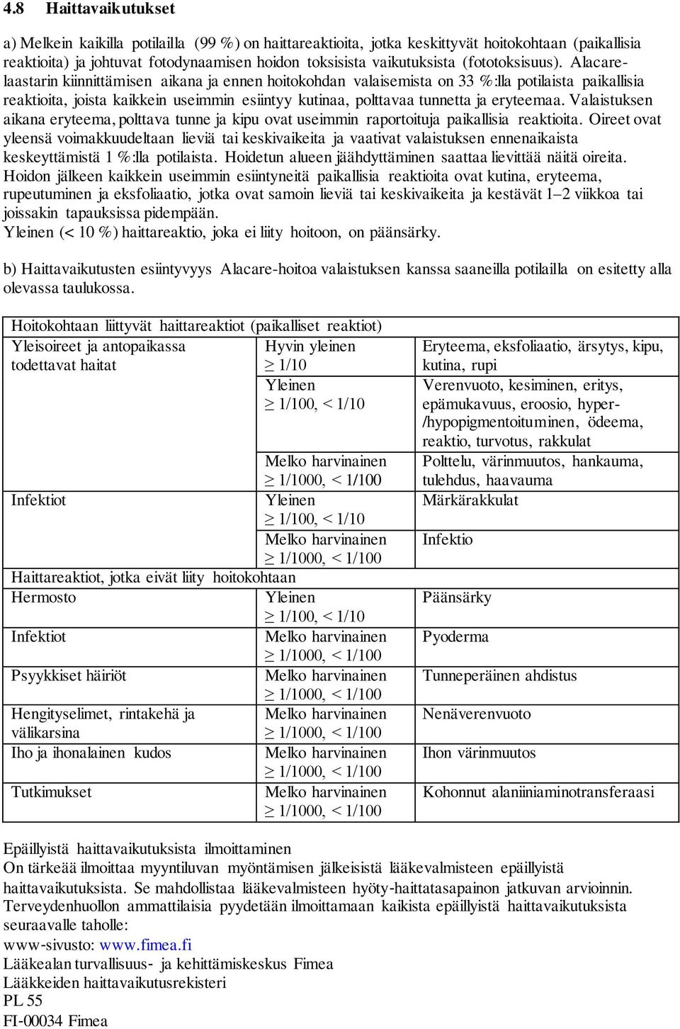 Alacarelaastarin kiinnittämisen aikana ja ennen hoitokohdan valaisemista on 33 %:lla potilaista paikallisia reaktioita, joista kaikkein useimmin esiintyy kutinaa, polttavaa tunnetta ja eryteemaa.