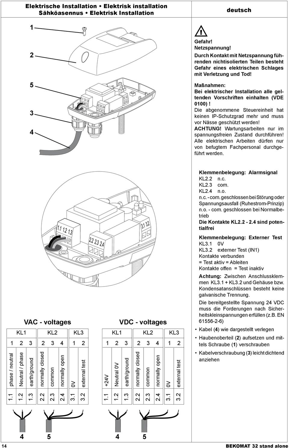 Maßnahmen: Bei elektrischer Installation alle geltenden Vorschriften einhalten (VDE 000)! Die abgenommene Steuereinheit hat keinen IP-Schutzgrad mehr und muss vor Nässe geschützt werden! ACHTUNG!