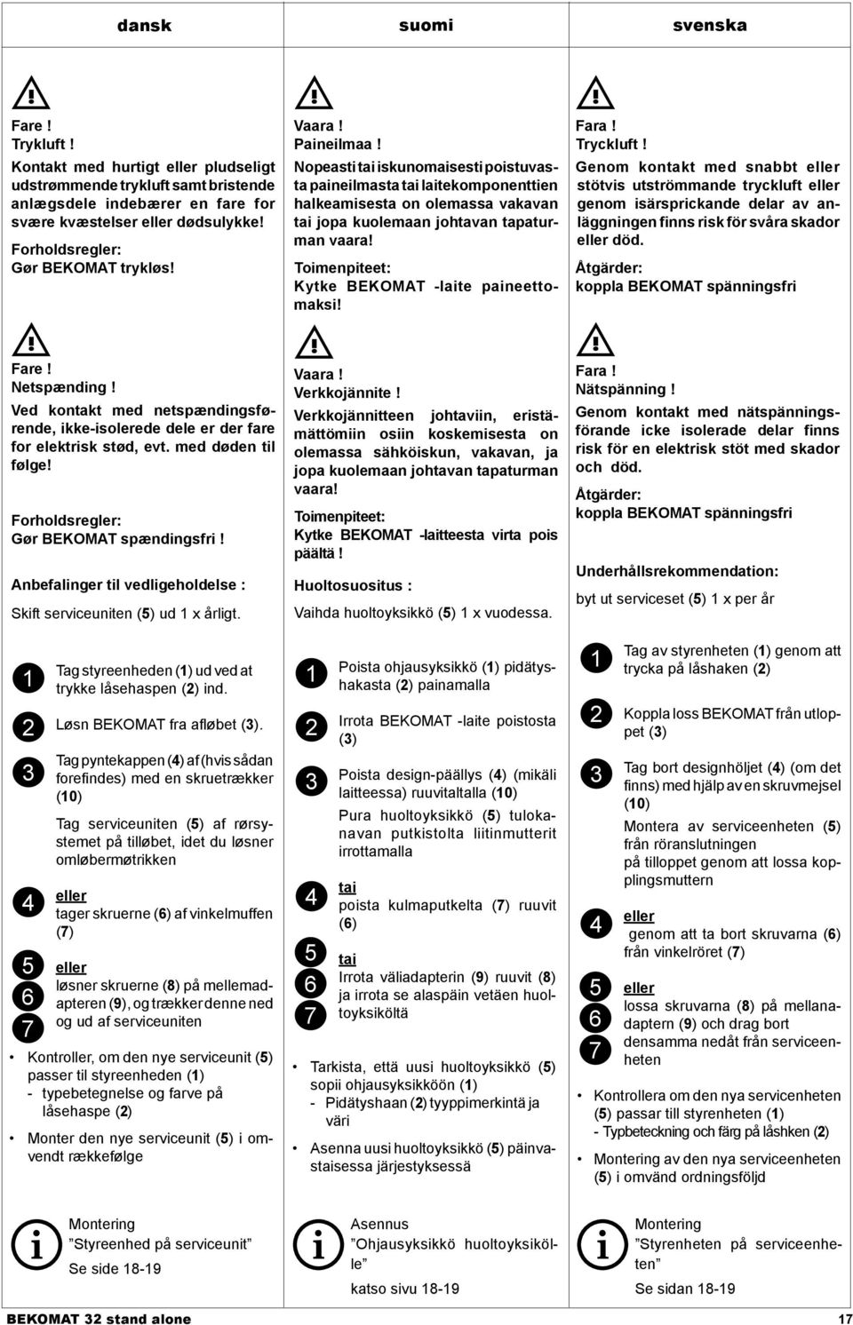 Nopeasti tai iskunomaisesti poistuvasta paineilmasta tai laitekomponenttien halkeamisesta on olemassa vakavan tai jopa kuolemaan johtavan tapaturman vaara!