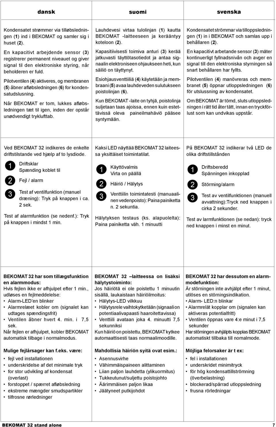 Pilotventilen () aktiveres, og membranen (5) åbner afløbsledningen (6) for kondensatudslusning. Når BEKOMAT er tom, lukkes afløbsledningen tæt til igen, inden der opstår unødvendigt tryklufttab.