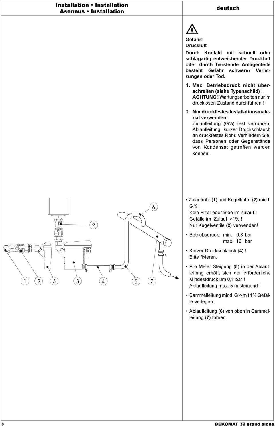 Betriebsdruck nicht überschreiten (siehe Typenschild)! ACHTUNG! Wartungsarbeiten nur im drucklosen Zustand durchführen!. Nur druckfestes Installationsmaterial verwenden!