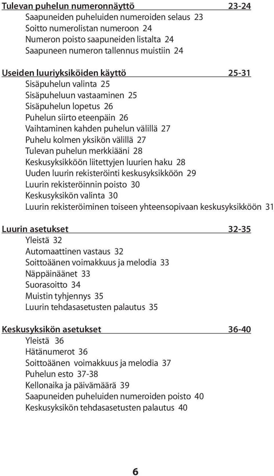 27 Tulevan puhelun merkkiääni 28 Keskusyksikköön liitettyjen luurien haku 28 Uuden luurin rekisteröinti keskusyksikköön 29 Luurin rekisteröinnin poisto 30 Keskusyksikön valinta 30 Luurin