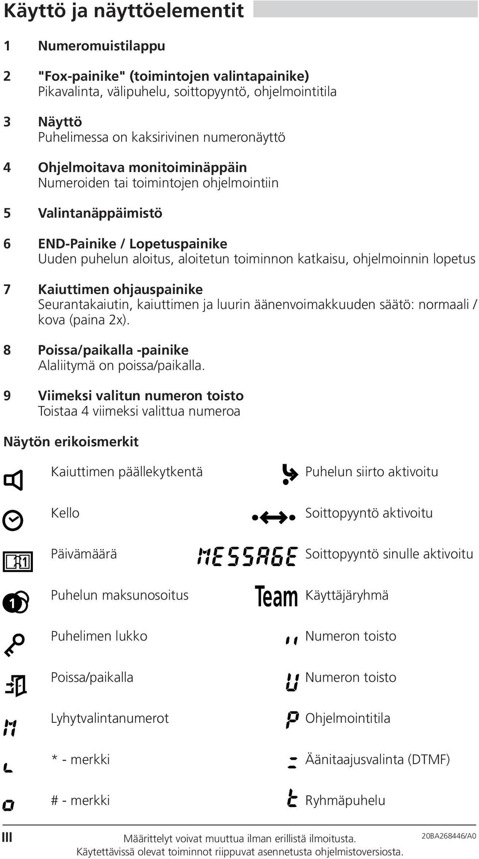 Kaiuttimen ohjauspainike Seurantakaiutin, kaiuttimen ja luurin äänenvoimakkuuden säätö: normaali / kova (paina 2x). 8 Poissa/paikalla -painike Alaliitymä on poissa/paikalla.
