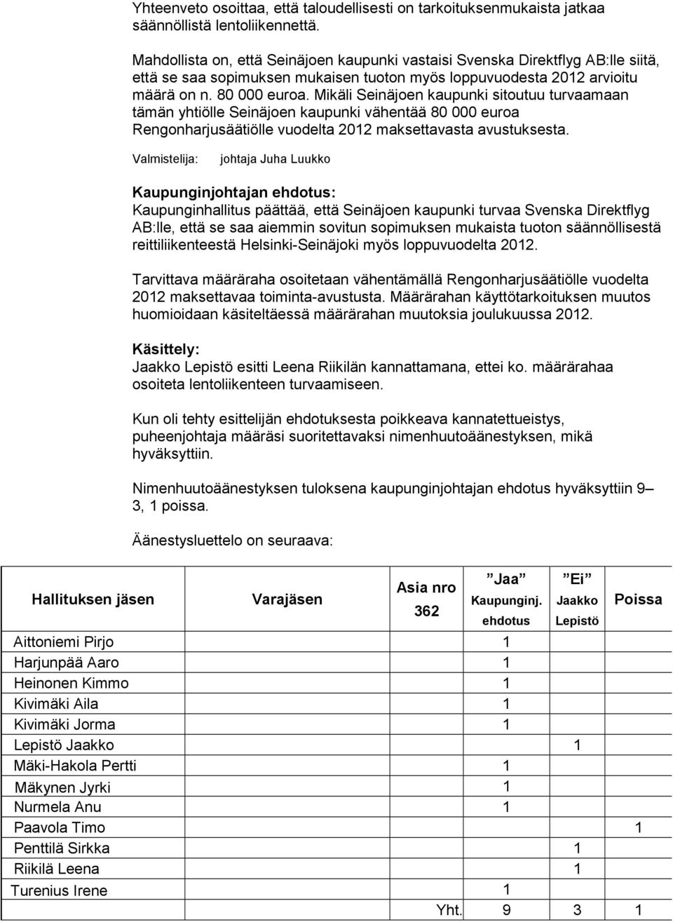 Mikäli Seinäjoen kaupunki sitoutuu turvaamaan tämän yhtiölle Seinäjoen kaupunki vähentää 80 000 euroa Rengonharjusäätiölle vuodelta 2012 maksettavasta avustuksesta.