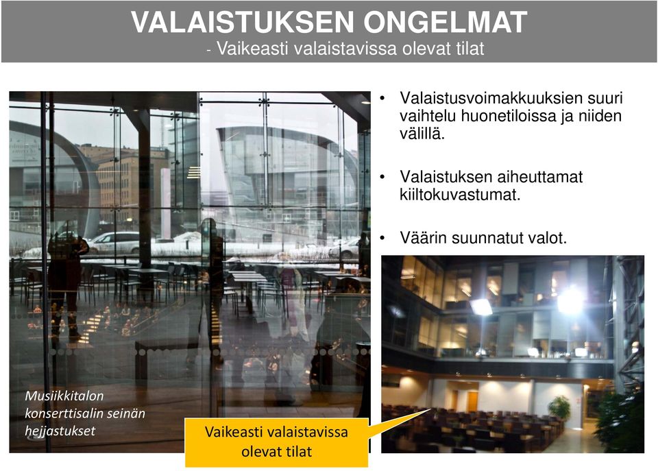 Valaistuksen aiheuttamat kiiltokuvastumat. Väärin suunnatut valot.