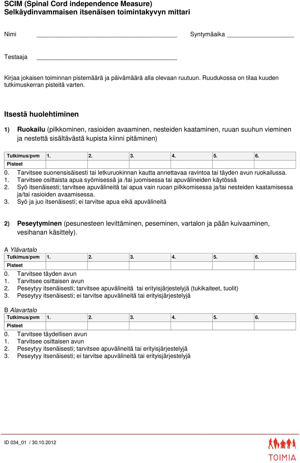 Itsestä huolehtiminen 1) Ruokailu (pilkkominen, rasioiden avaaminen, nesteiden kaataminen, ruuan suuhun vieminen ja nestettä sisältävästä kupista kiinni pitäminen) 0.