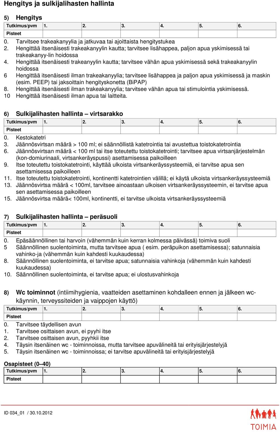 Hengittää itsenäisesti trakeanyylin kautta; tarvitsee vähän apua yskimisessä sekä trakeakanyylin hoidossa 6 Hengittää itsenäisesti ilman trakeakanyylia; tarvitsee lisähappea ja paljon apua