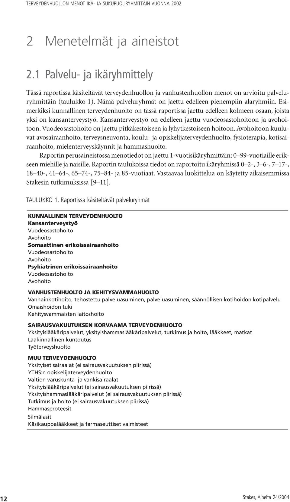 Kansanterveystyö on edelleen jaettu vuodeosastohoitoon ja avohoitoon. Vuodeosastohoito on jaettu pitkäkestoiseen ja lyhytkestoiseen hoitoon.