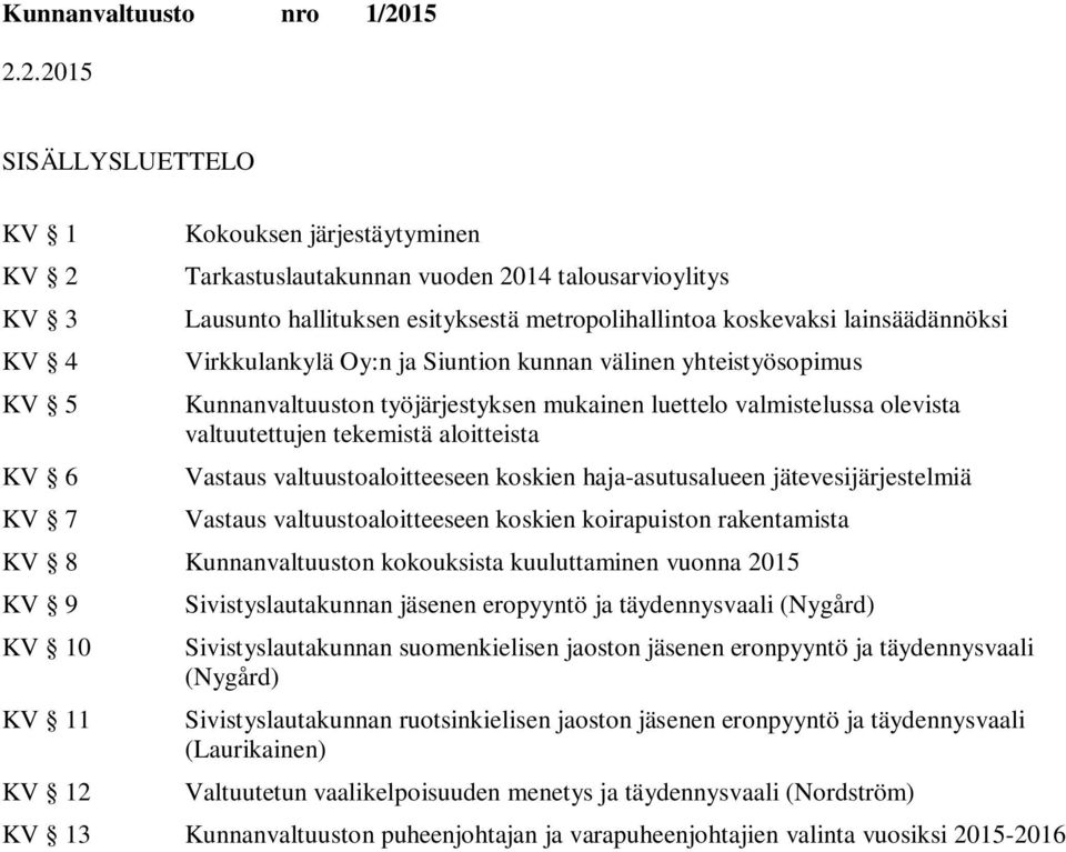 valtuustoaloitteeseen koskien haja-asutusalueen jätevesijärjestelmiä Vastaus valtuustoaloitteeseen koskien koirapuiston rakentamista KV 8 n kokouksista kuuluttaminen vuonna 2015 KV 9 KV 10 KV 11 KV