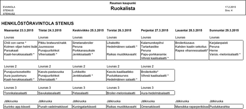 Kalamurekepihvi Broilerkiusaus Karjalanpaisti Kolmen viljan helmi lisäkejuuressose Peruna Hedelmäinen salaatti * Tartarkastike Kahden kaalin sekoitus Peruna Parsakaali Punajuurilohkot Porkkanasuikale