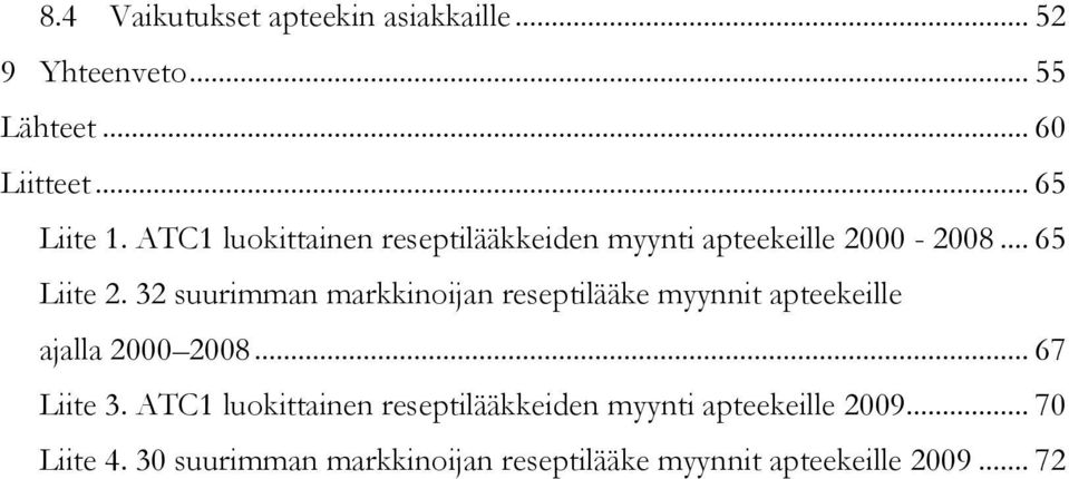 32 suurimman markkinoijan reseptilääke myynnit apteekeille ajalla 2000 2008... 67 Liite 3.