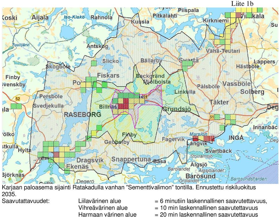 Saavutattavuudet: Liilavärinen alue = 6 minutiin laskennallinen