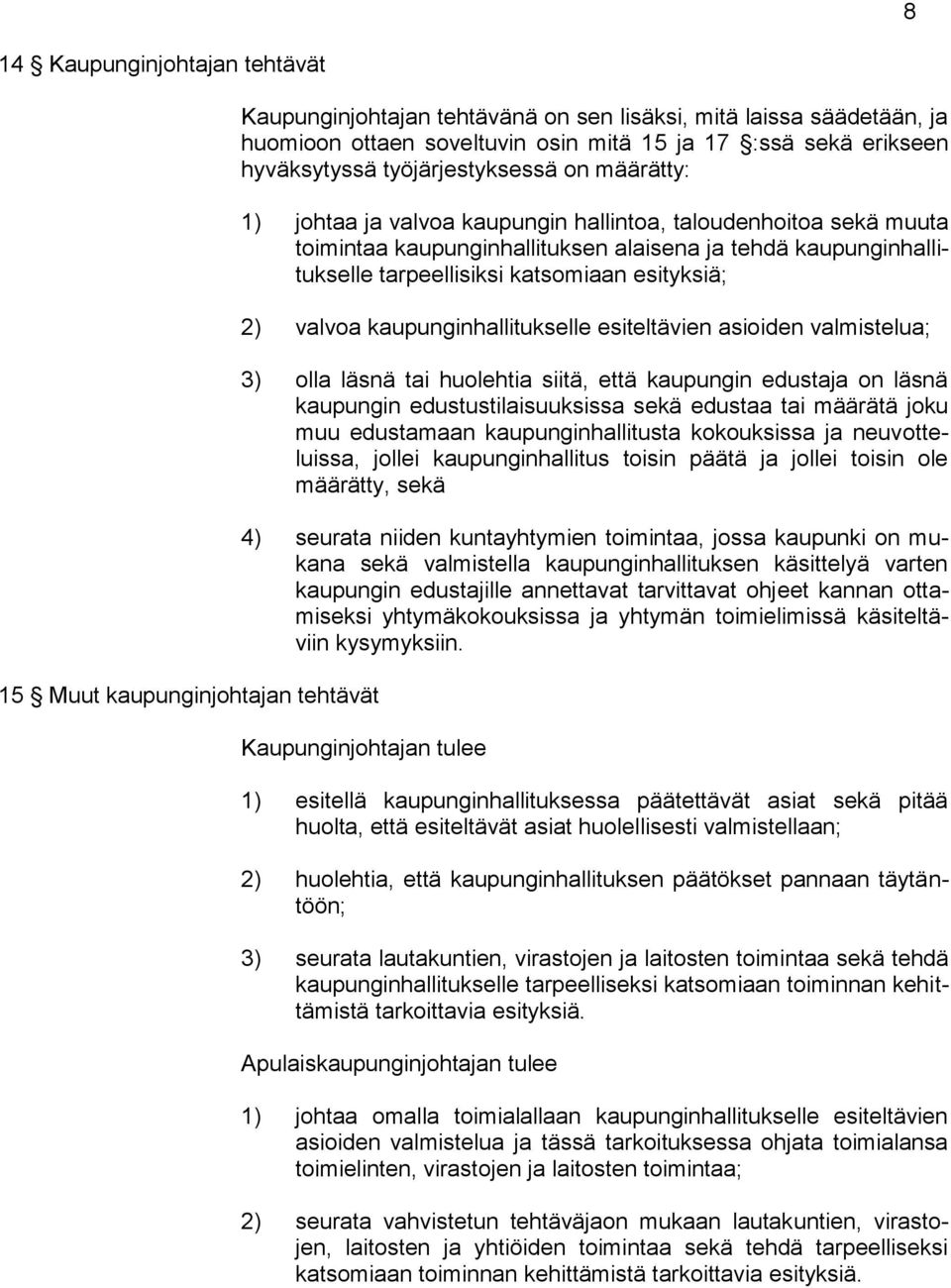 tarpeellisiksi katsomiaan esityksiä; 2) valvoa kaupunginhallitukselle esiteltävien asioiden valmistelua; 3) olla läsnä tai huolehtia siitä, että kaupungin edustaja on läsnä kaupungin