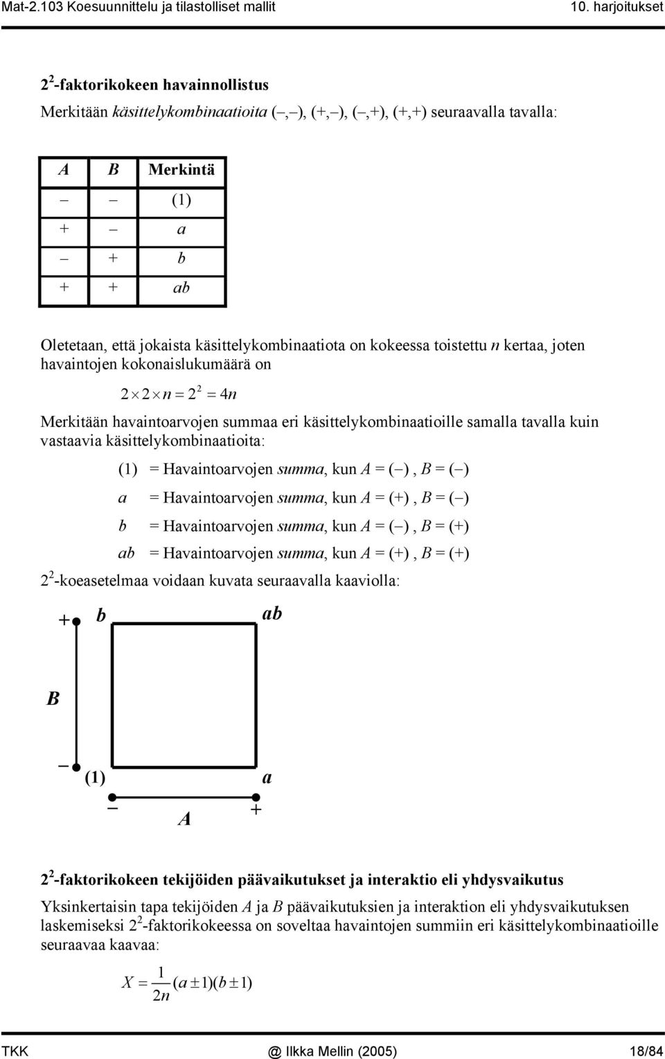 Havaintoarvojen summa, kun A = ( ), B = ( ) a = Havaintoarvojen summa, kun A = (+), B = ( ) b = Havaintoarvojen summa, kun A = ( ), B = (+) ab = Havaintoarvojen summa, kun A = (+), B = (+)